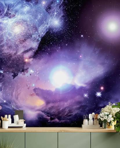 mural de papel pintado espacial personalizado de color morado llamado Fantasy Space Nebula para techos y dormitorios infantiles