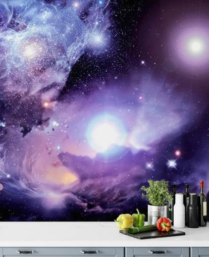 mural de papel pintado espacial personalizado de color morado llamado Fantasy Space Nebula para techos y dormitorios infantiles