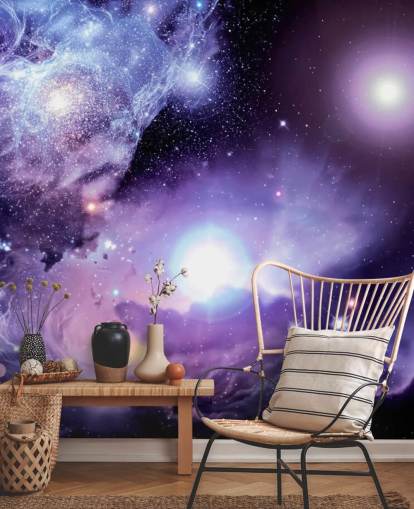 lila anpassad rymdtapet väggmålning som heter Fantasy Space Nebula för tak och barns sovrum