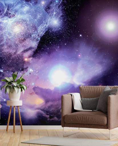 mural de papel pintado espacial personalizado de color morado llamado Fantasy Space Nebula para techos y dormitorios infantiles