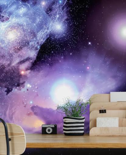 paarse ruimtebehangmuurschildering op maat genaamd Fantasy Space Nebula voor plafonds en kinderkamer