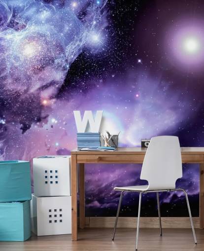 paarse ruimtebehangmuurschildering op maat genaamd Fantasy Space Nebula voor plafonds en kinderkamer