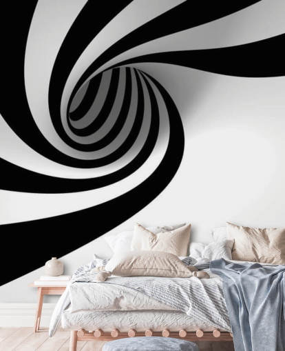 mural de papel de parede 3D preto e branco chamado Abstract Spiral para quartos e escritórios domésticos