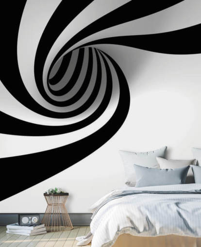 svartvit 3d tapetväggmålning kallad Abstract Spiral för sovrum och hemmakontor