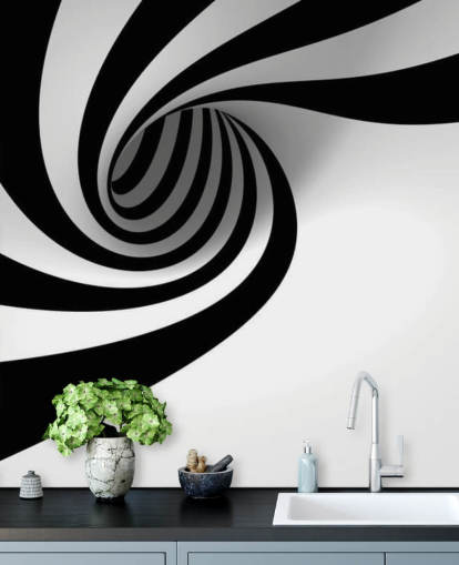 svartvit 3d tapetväggmålning kallad Abstract Spiral för sovrum och hemmakontor