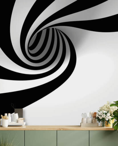 zwart-wit 3D-behangmuurschildering genaamd Abstract Spiral voor slaapkamers en thuiskantoren