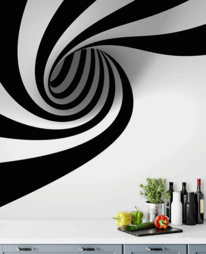 mural de papel de parede 3D preto e branco chamado Abstract Spiral para quartos e escritórios domésticos