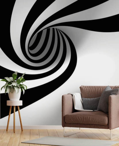 mural de papel pintado 3D en blanco y negro llamado Abstract Spiral para dormitorios y oficinas en casa