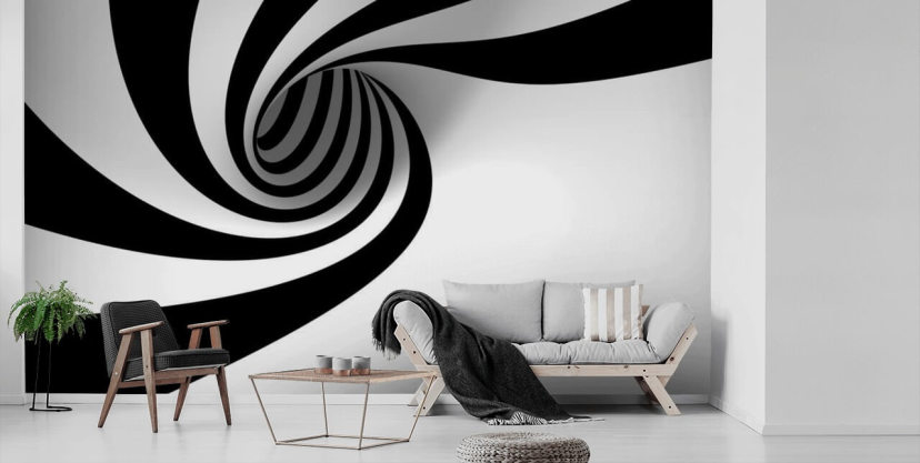 mural de papel pintado 3D en blanco y negro llamado Abstract Spiral para dormitorios y oficinas en casa