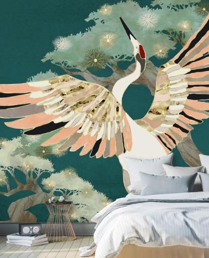 green background with oriental trees and white crane with pink and gold coloured wings wallpaper