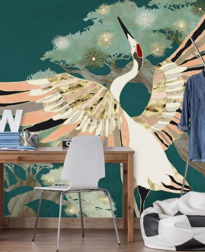 green background with oriental trees and white crane with pink and gold coloured wings wallpaper