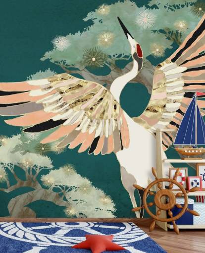 grüner Hintergrund mit orientalischen Bäumen und weißem Kranich mit rosa und goldfarbenen Flügeln Tapete