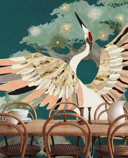 green background with oriental trees and white crane with pink and gold coloured wings wallpaper