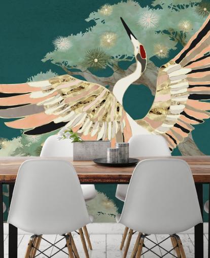 grüner Hintergrund mit orientalischen Bäumen und weißem Kranich mit rosa und goldfarbenen Flügeln Tapete grüner Hintergrund mit orientalischen Bäumen und weißem Kranich mit rosa und goldfarbenen Flügeln Tapete