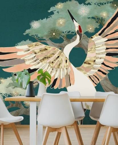 green background with oriental trees and white crane with pink and gold coloured wings wallpaper