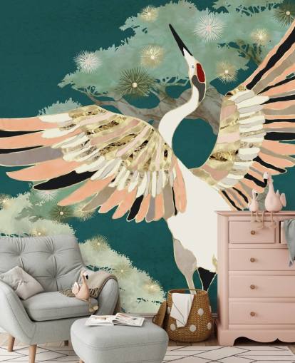 green background with oriental trees and white crane with pink and gold coloured wings wallpaper