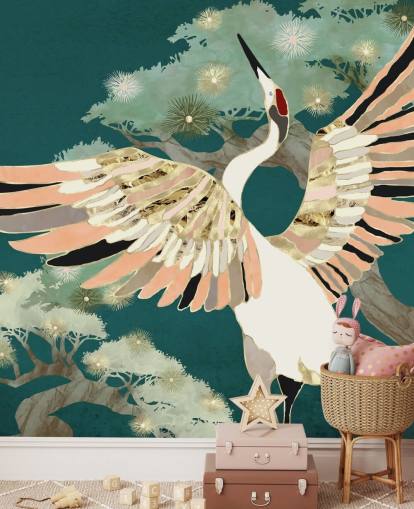 green background with oriental trees and white crane with pink and gold coloured wings wallpaper