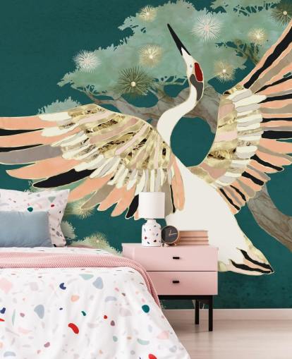 fundo verde com árvores orientais e guindaste branco com asas cor de rosa e dourado papel de parede fundo verde com árvores orientais e guindaste branco com asas cor de rosa e dourado papel de parede