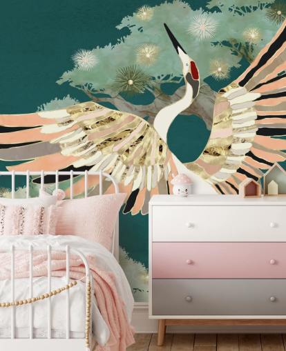 green background with oriental trees and white crane with pink and gold coloured wings wallpaper
