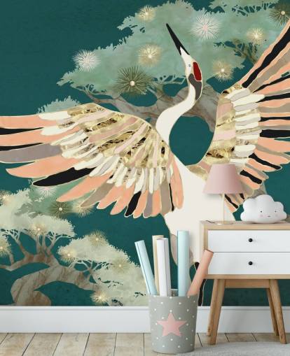 green background with oriental trees and white crane with pink and gold coloured wings wallpaper