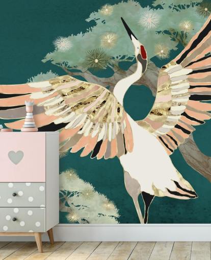 green background with oriental trees and white crane with pink and gold coloured wings wallpaper