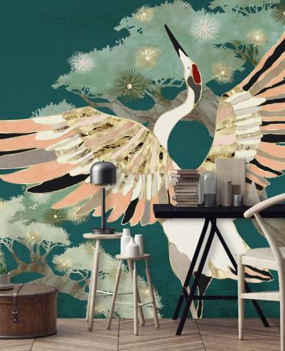 fond vert avec des arbres orientaux et une grue blanche avec des ailes de couleur rose et or