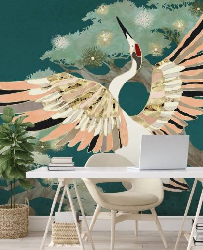 fond vert avec des arbres orientaux et une grue blanche avec des ailes de couleur rose et or