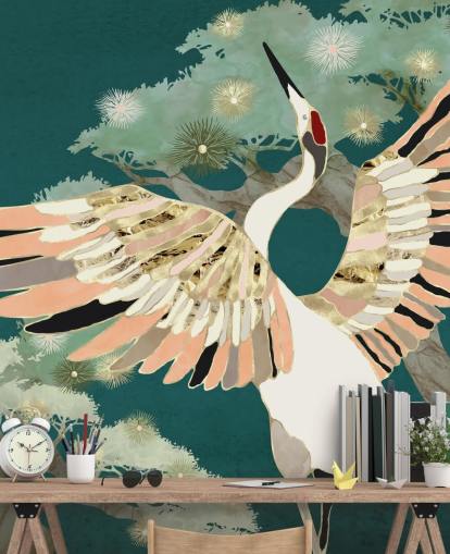 Papel pintado fondo verde con árboles orientales y grullas blancas con alas de color rosa y dorado
