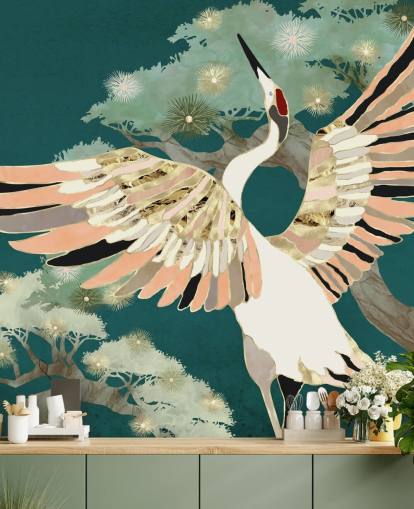 fundo verde com árvores orientais e guindaste branco com asas cor de rosa e dourado papel de parede fundo verde com árvores orientais e guindaste branco com asas cor de rosa e dourado papel de parede