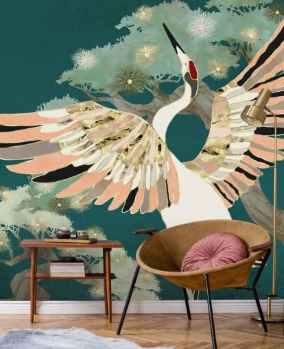 green background with oriental trees and white crane with pink and gold coloured wings wallpaper