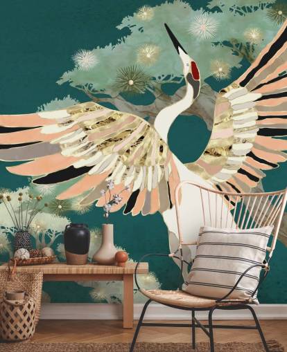 green background with oriental trees and white crane with pink and gold coloured wings wallpaper