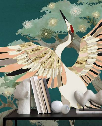 green background with oriental trees and white crane with pink and gold coloured wings wallpaper