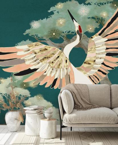 green background with oriental trees and white crane with pink and gold coloured wings wallpaper