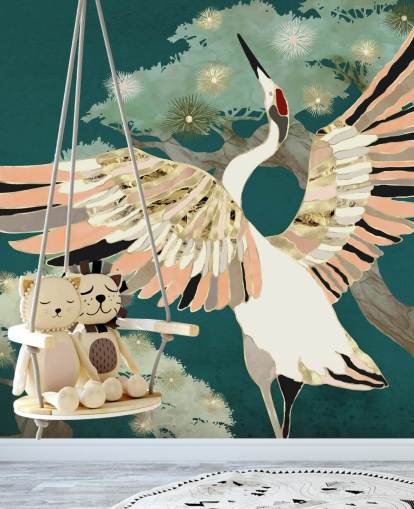 vihreä tausta itämaisia puita ja valkoinen nosturi vaaleanpunainen ja kullanvärinen siivet tapetti