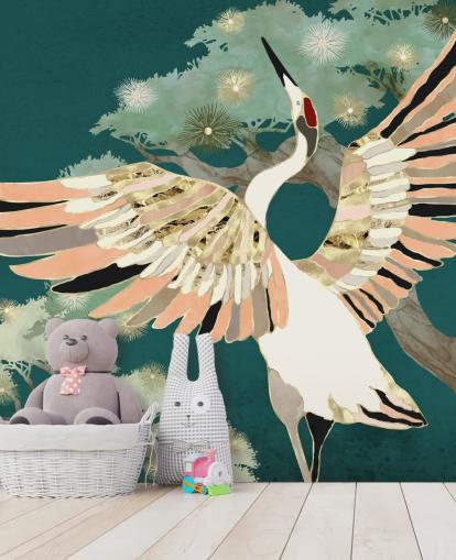 green background with oriental trees and white crane with pink and gold coloured wings wallpaper