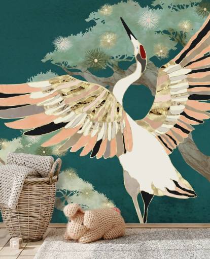 green background with oriental trees and white crane with pink and gold coloured wings wallpaper