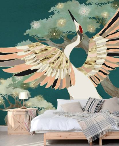 green background with oriental trees and white crane with pink and gold coloured wings wallpaper