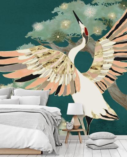 green background with oriental trees and white crane with pink and gold coloured wings wallpaper
