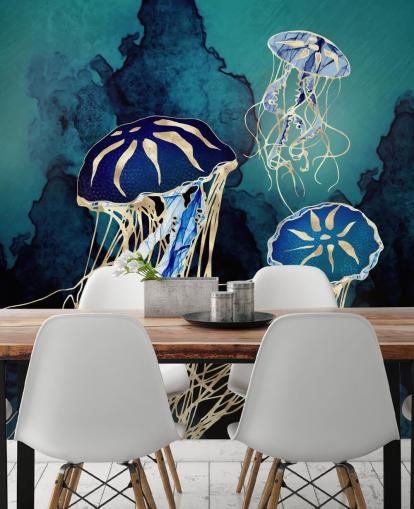blue and gold jellyfish wallpaper mural called Floating Jellyfish III by SpaceFrog Designs for bedrooms, bathrooms and hallways