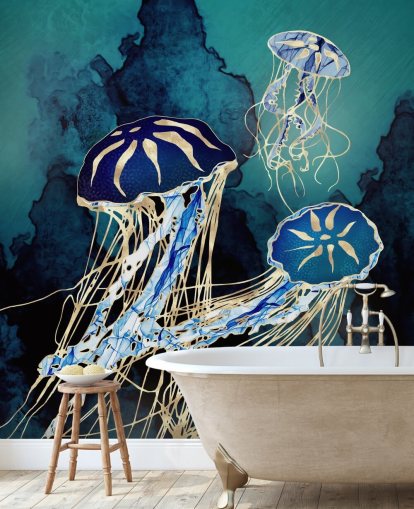 mural de papel de parede de medusa azul e dourada chamado Floating Jellyfish III da SpaceFrog Designs para quartos, banheiros e corredores mural de papel de parede de medusa azul e dourada chamado Floating Jellyfish III da SpaceFrog Designs para quartos, banheiros e corredores