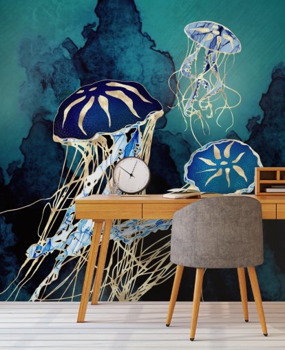 blå og gull maneter tapetmaleri kalt Floating Jellyfish III av SpaceFrog Designs for soverom, bad og ganger