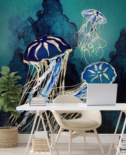 blå og guld vandmænd tapetmaleri kaldet Floating Jellyfish III af SpaceFrog Design til soveværelser, badeværelser og gange blå og guld vandmænd tapetmaleri kaldet Floating Jellyfish III af SpaceFrog Design til soveværelser, badeværelser og gange