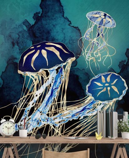 mural de papel pintado con medusas azules y doradas llamado Floating Jellyfish III de SpaceFrog Designs para dormitorios, baños y pasillos