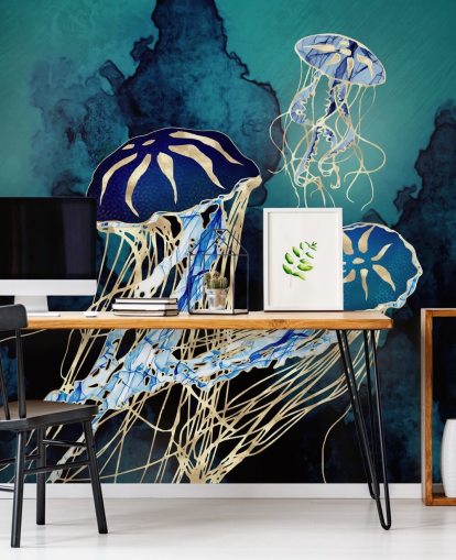 Blaue und goldene Quallentapete namens Floating Jellyfish III von SpaceFrog Designs für Schlafzimmer, Badezimmer und Flure