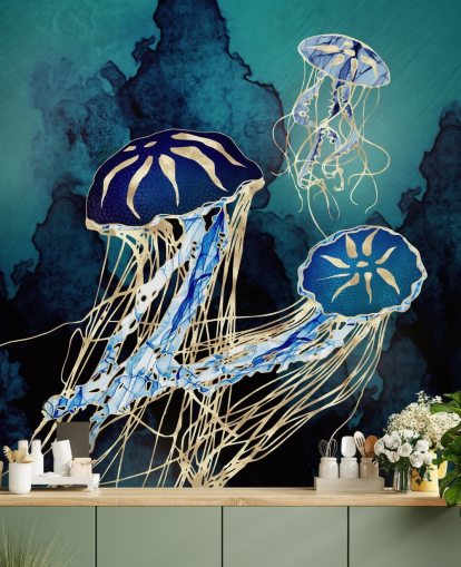 blå og gull maneter tapetmaleri kalt Floating Jellyfish III av SpaceFrog Designs for soverom, bad og ganger
