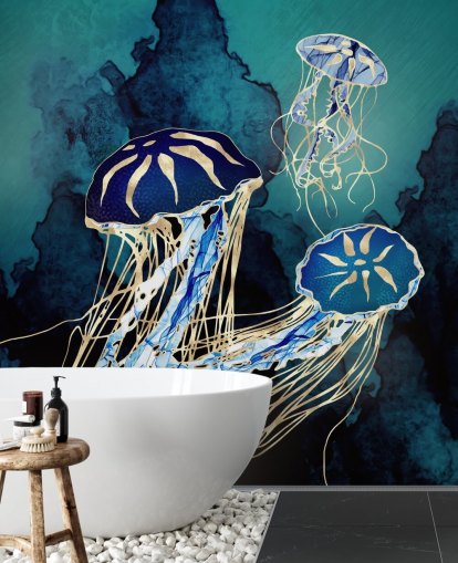 blå og guld vandmænd tapetmaleri kaldet Floating Jellyfish III af SpaceFrog Design til soveværelser, badeværelser og gange blå og guld vandmænd tapetmaleri kaldet Floating Jellyfish III af SpaceFrog Design til soveværelser, badeværelser og gange