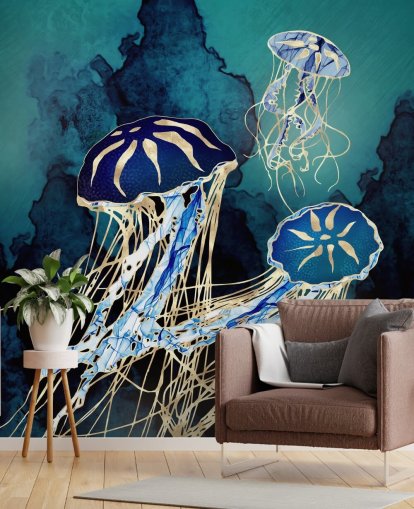 blå og guld vandmænd tapetmaleri kaldet Floating Jellyfish III af SpaceFrog Design til soveværelser, badeværelser og gange