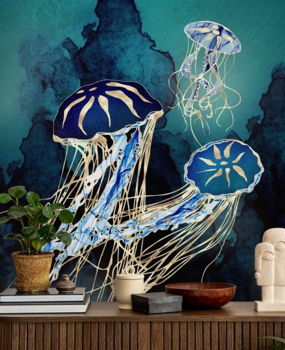 mural de papel de parede de medusa azul e dourada chamado Floating Jellyfish III da SpaceFrog Designs para quartos, banheiros e corredores mural de papel de parede de medusa azul e dourada chamado Floating Jellyfish III da SpaceFrog Designs para quartos, banheiros e corredores