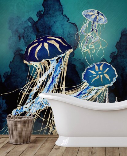 mural de papel pintado con medusas azules y doradas llamado Floating Jellyfish III de SpaceFrog Designs para dormitorios, baños y pasillos mural de papel pintado con medusas azules y doradas llamado Floating Jellyfish III de SpaceFrog Designs para dormitorios, baños y pasillos