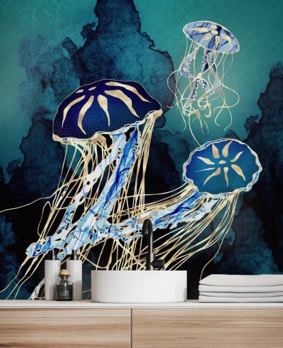 blå och guld maneter tapetväggmålning kallad Floating Jellyfish III av SpaceFrog Design för sovrum, badrum och korridorer